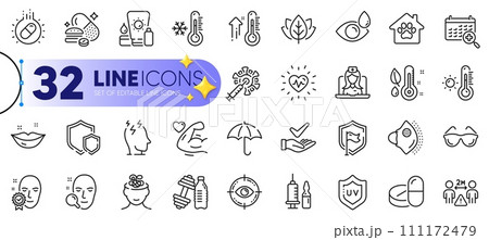 Outline set of Eye drops, Social distance and Face verified line icons for web with Thermometer, Organic tested, Medical vaccination thin icon. Medical mask, Eye target. Vector 111172479