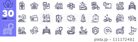 Car place, Car secure and Wholesale goods line icons pack. Passport, Bike courier, E-bike web icon. Warning road, Gas cylinder, Flight time pictogram. Search flight, Food delivery, Bicycle. Vector Car place, Car secure and Wholesale goods line icons pack. Passport, Bike courier, E-bike web icon. Warning road, Gas cylinder, Flight time pictogram. Search flight, Food delivery, Bicycle. Vector 111172481