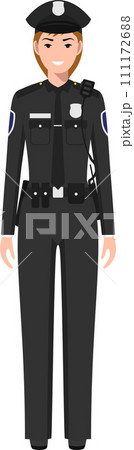 Standing American Policewoman Officer in Traditional Uniform Character Icon in Flat Style. Vector Illustration. 111172688