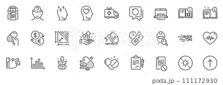Icons pack as Energy price, Inspect and Analysis graph line icons for app include Manual, Capsule pill, Heartbeat outline thin icon web set. Psychology, Overeating pills. Vector 111172930