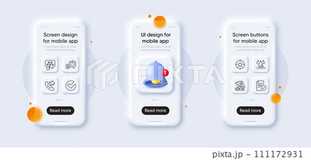 Waterproof, Verify and Compliance line icons pack. 3d phone mockups with bell alert. Glass smartphone screen. Ranking star, Like, Star target web icon. Share call, Realtor pictogram. Vector 111172931