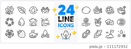 Icons set of Sunset, Safe planet and Leaf dew line icons pack for app with Leaf, Corn, Potato thin outline icon. Macadamia nut, Strawberry, Leaves pictogram. Safe water, Peanut. Vector 111172932