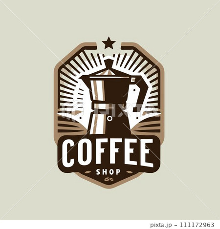 a logo for a coffee shop. It has a drawing of a stovetop espresso maker 111172963