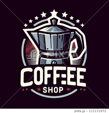 a logo for a coffee shop. It has a drawing of a stovetop espresso maker a logo for a coffee shop. It has a drawing of a stovetop espresso maker 111172972