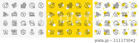 Set of Investment, Interest rate and Percentage diagram linear icons. Loan line icons. Car leasing, analytics plan, Credit card percent and loan rate. Bank mortgage, leasing, interest graph. Vector 111173042