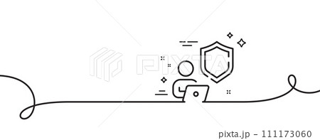 Shield line icon. Continuous one line with curl. Privacy secure sign. Safe defense symbol. Shield single outline ribbon. Loop curve pattern. Vector Shield line icon. Continuous one line with curl. Privacy secure sign. Safe defense symbol. Shield single outline ribbon. Loop curve pattern. Vector 111173060