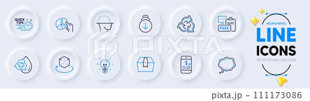 Recycle water, Comic message and Pie chart line icons for web app. Pack of Fake document, Scroll down, Package box pictogram icons. Recycle, Augmented reality, Face scanning signs. Vector 111173086