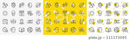 Outline Safe energy, Startup and Healthcare calendar line icons pack for web with Sunny weather, Air fan, Touch screen line icon. Attention, Quarantine, Location pictogram icon. Vector 111173095