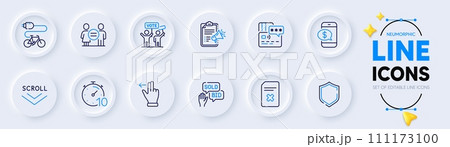 Delete file, Phone payment and Megaphone checklist line icons for web app. Pack of Equality, Bid offer, Shield pictogram icons. Card, Scroll down, Touchscreen gesture signs. Electric bikeTimer. Vector 111173100