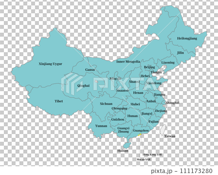 中国と台湾のわかりやすい地図、省（市・区）の境界と英語の地名 111173280