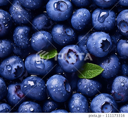 Blueberry seamless pattern decorated with shiny water drops	 111173316
