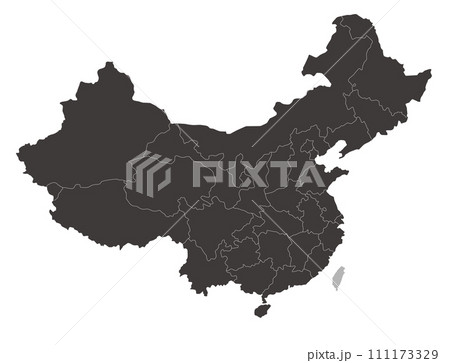 中国と台湾のシンプルな地図、省(市・区)の境界線入り、モノクロ 中国と台湾のシンプルな地図、省(市・区)の境界線入り、モノクロ 111173329
