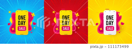 One day sale banner. Sunburst offer banner, flyer or poster. Discount sticker shape. Special offer phone icon. One day promo event banner. Starburst pop art coupon. Special deal. Vector 111173499