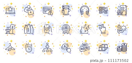 Outline set of Currency, Spf protection and Internet warning line icons for web app. Include Headphones, Ab testing, Fast delivery pictogram icons. Grill, Bid offer, Parking place signs. Vector 111173502