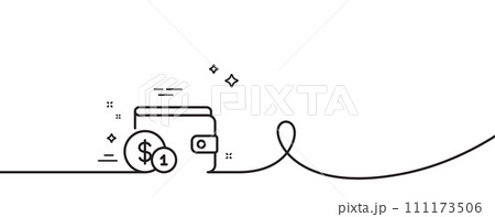 Wallet with Cash money line icon. Continuous one line with curl. Dollar currency sign. Payment method symbol. Buying accessory single outline ribbon. Loop curve pattern. Vector 111173506