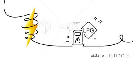 Gas station line icon. Continuous one line with curl. Filling station sign. LPG fuel symbol. Gas station single outline ribbon. Loop curve with energy. Vector 111173516