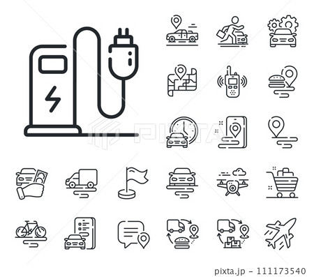 Car charge plug sign. Plane, supply chain and place location outline icons. Charging station line icon. Electric power symbol. Charging station line sign. Taxi transport, rent a bike icon. Vector Car charge plug sign. Plane, supply chain and place location outline icons. Charging station line icon. Electric power symbol. Charging station line sign. Taxi transport, rent a bike icon. Vector 111173540