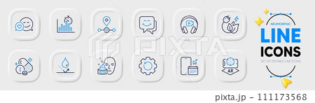 Report timer, Green energy and Waterproof line icons for web app. Pack of Station, Augmented reality, Phone calendar pictogram icons. Smile face, Dating, Recovery gear signs. Headphones. Vector Report timer, Green energy and Waterproof line icons for web app. Pack of Station, Augmented reality, Phone calendar pictogram icons. Smile face, Dating, Recovery gear signs. Headphones. Vector 111173568