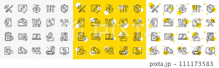 Set of Hammer, Screwdriver and Spanner tool icons. Repair car service line icons. Recovery, Washing machine repair, Car service. Engineer tool, Tech support. Spanner equipment, screwdriver. Vector 111173583