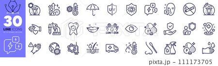 Eye, Vaccine protection and Vitamin b6 line icons pack. Lips, Coronavirus vaccine, Thermometer web icon. Cleaning liquids, Serum oil, Stress pictogram. Nasal test, Umbrella, Rubber gloves. Vector 111173705
