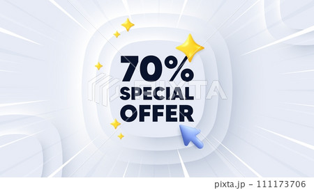 70 percent discount offer tag. Neumorphic banner with sunburst. Sale price promo sign. Special offer symbol. Discount message. Banner with 3d cursor. Circular neumorphic template. Vector 111173706