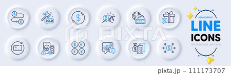 Phishing, Auction hammer and Money currency line icons for web app. Pack of Accounting, Bitcoin mining, Money transfer pictogram icons. Sale gift, Dollar exchange, Accounting wealth signs. Vector Phishing, Auction hammer and Money currency line icons for web app. Pack of Accounting, Bitcoin mining, Money transfer pictogram icons. Sale gift, Dollar exchange, Accounting wealth signs. Vector 111173707