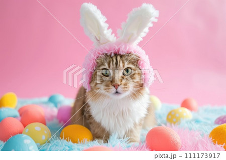 Funny at with rabbit ears, Banner for your advertisement, Easter bunny, Easter, happy Easter. 111173917
