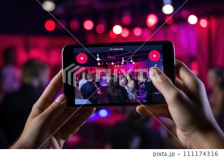 Friends live streaming a special event on social media, vlogger doing video live streaming 111174316