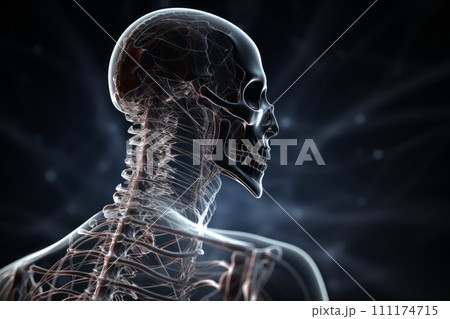 AI-generated content. 3D close-up illustration of the human cervical spine. Human vertebral column, vertebrae riddled with nerve endings. Back pain treatment and medical technologies concept. 111174715