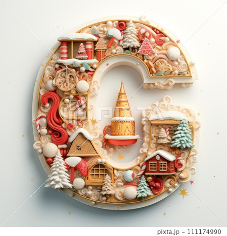 AI-generated content. Volumetric capital letter C, decorated in a festive Christmas and New Year style. Christmas tree decorations, balls, pine cones, tinsel. Mockup for Christmas banner or background 111174990