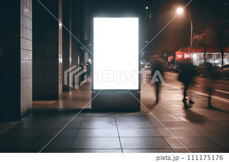 Blank Billboard on City Street at Night Indoor advertising Generative AI 111175176