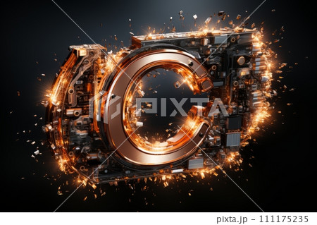 AI-generated content. Volumetric capital letter C made of metal. Effect of metal heated for forging, with flames and smoke. Workpiece for spectacular 3D text. Mockup. Isolated on black. 111175235