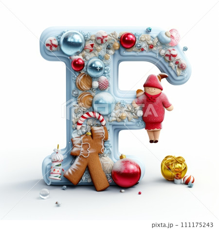 AI-generated content. Volumetric capital letter F, decorated in a festive Christmas and New Year style. Christmas tree decorations, balls, pine cones, tinsel. Mockup for Christmas banner or background 111175243