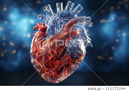 AI-generated content. 3D illustration of colorful human heart on blue background. Human heart anatomy, atria and ventricles, valves, blood vessels and veins. Mockup for publications on medical topics. 111175244