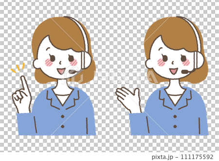 Illustration of a person working as an operator. A woman answering the phone at a call center. 111175592