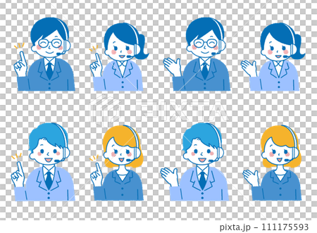 オペレーターをしている人物イラスト。コールセンターで電話対応している女性と男性。 オペレーターをしている人物イラスト。コールセンターで電話対応している女性と男性。 111175593