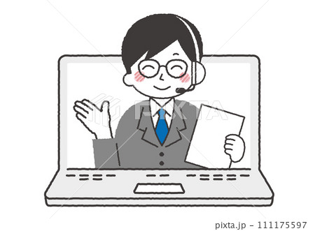 パソコンでオペレーターをしている人物イラスト。コールセンターで電話対応している男性 パソコンでオペレーターをしている人物イラスト。コールセンターで電話対応している男性 111175597