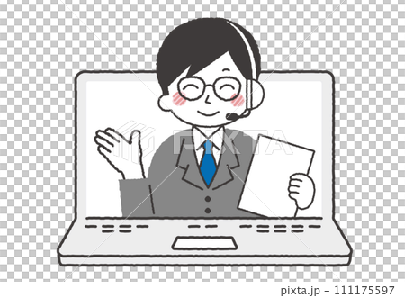 パソコンでオペレーターをしている人物イラスト。コールセンターで電話対応している男性 パソコンでオペレーターをしている人物イラスト。コールセンターで電話対応している男性 111175597