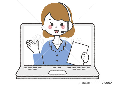 パソコンでオペレーターをしている人物イラスト。コールセンターで電話対応している女性 パソコンでオペレーターをしている人物イラスト。コールセンターで電話対応している女性 111175602