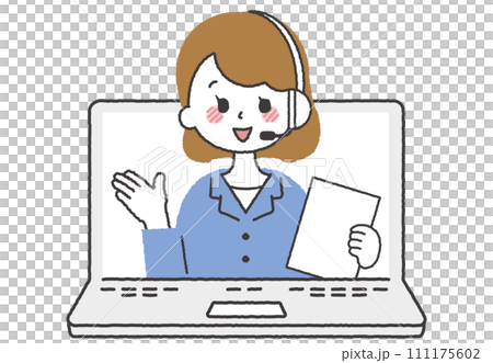 作為計算機操作員工作的人的插圖。一位女士在呼叫中心接聽電話 作為計算機操作員工作的人的插圖。一位女士在呼叫中心接聽電話 111175602