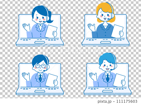 作為計算機操作員工作的人的插圖。一名女子和一名男子在呼叫中心接聽電話。 111175603