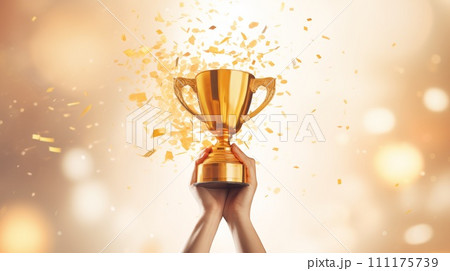 Hand holding up a golden trophy The background is bokeh.Generative AI Hand holding up a golden trophy The background is bokeh.Generative AI 111175739
