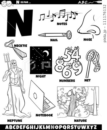 Letter N set with cartoon objects and characters coloring page 111176132