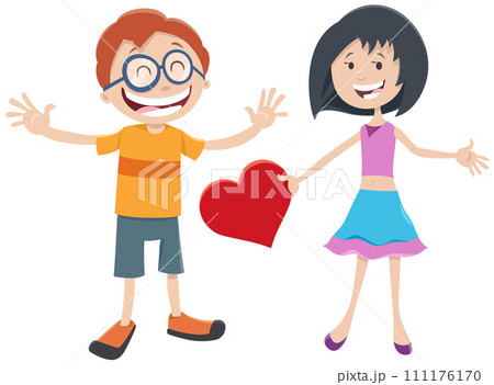 cartoon girl and boy characters in love on Valentines Day cartoon girl and boy characters in love on Valentines Day 111176170