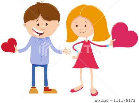 cartoon girl and boy characters on Valentines Day 111176172