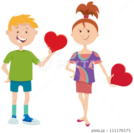 cartoon girl and boy characters with Valentines Day cards cartoon girl and boy characters with Valentines Day cards 111176175
