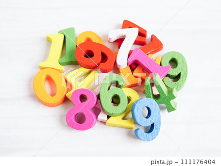 Number wood block cubes for learning Mathematic, education math concept. 111176404