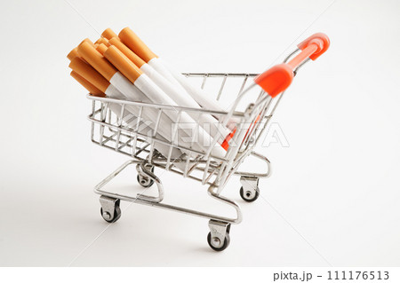 Cigarette in shopping cart, cost, trading, marketing and production, No smoking concept. 111176513