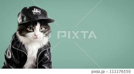 Cool cat in leather jacket and cap 111176550