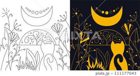 Mystical landscape with a crescent moon, flowers and a cat. Two-color and black and white outline vector illustration. 111177043